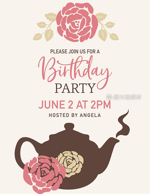 Tea Party Invitation模板With A Tea And Roses